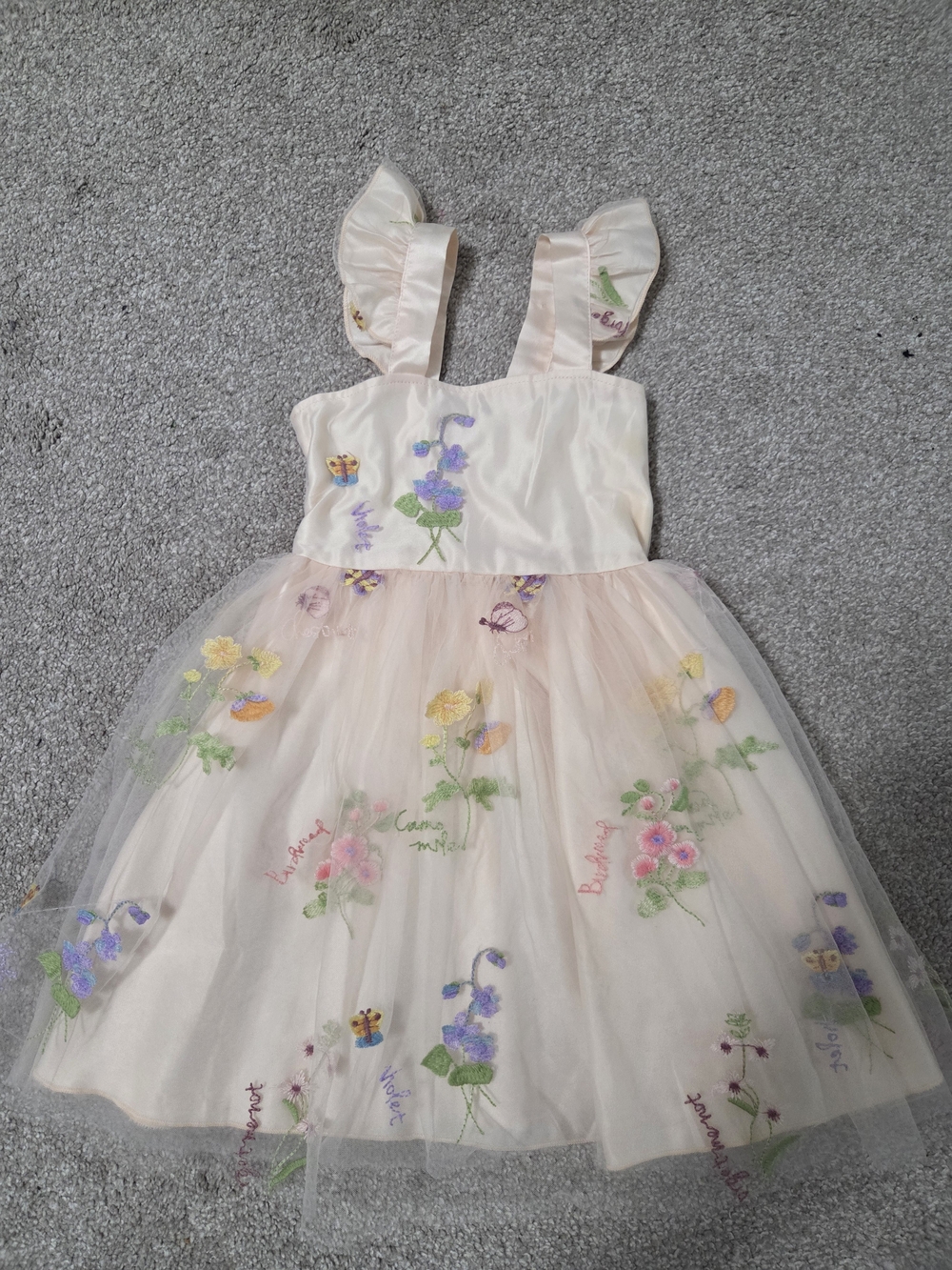 Children's Floral Embroidered Beige Tulle Dress -